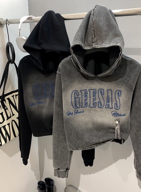 2026秋季新款复古字母印花重工水洗做旧款连帽短款卫衣宽松小个子