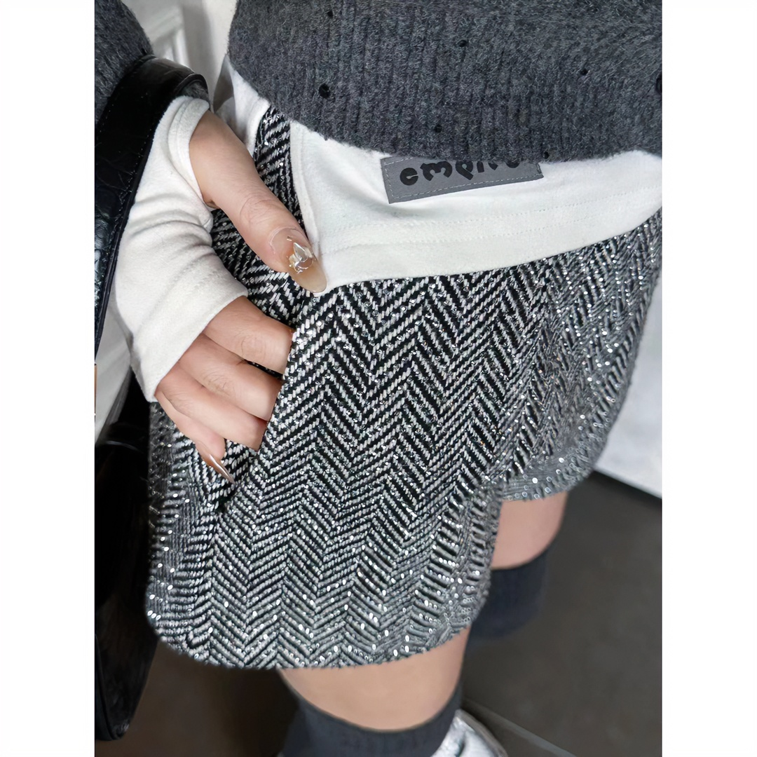 美式人字纹高腰阔腿短裤女春季新款小个子辣妹宽松显瘦a字热裤潮