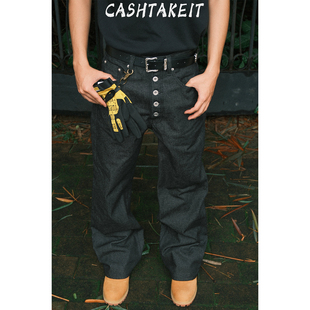 14OZ康龙原牛五连扣A字直筒宽松复古牛仔裤原牛cleanfit未脱浆