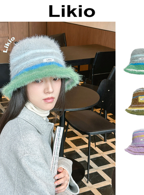 Likio 彩色油画绒绒条纹帽渔夫帽