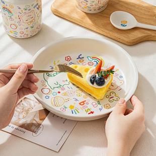 陶瓷米饭碗斗笠碗勺子盘子汤碗可爱涂鸦印花卡通餐具 家用碗碟套装