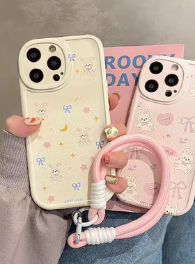 可爱蝴蝶结兔子挂绳适用于三星s23/s22/s20/s21FE/note20/10/s10/s9/s8手机壳a52女a51直边s9/A33保护套a53