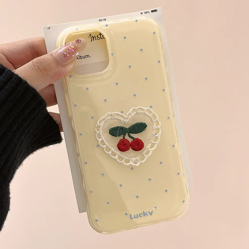 日韩简约波点刺绣樱桃适用于oppo Findx8/x7/4手机壳k11x女k7x全包k9硅胶K10活力版小胖妹直边findx6pro/k9s