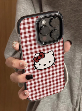 ZKA复古红格纹hello小猫适用于小米15/14红米note14pro/13Pro手机壳12turbo撞合k80/k70新k60至尊civi4Pro