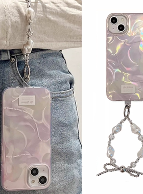 水波纹紫色渐变腕带适用于三星s24/s23/22/20/21/note20/10透明s10手机壳a52女a51创意s9新A33保护套a53绸缎