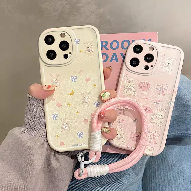 可爱蝴蝶结兔子挂绳适用于荣耀400/300/70/60/50手机壳x10/v40/x40i/x60i/30直边magic7/play7t女80pro畅玩