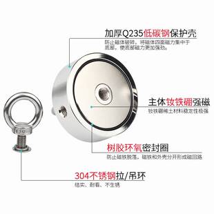 钕铁硼打捞强磁吸力双面吊环圆形大磁铁直径94mm深海鱼磁铁送绳子
