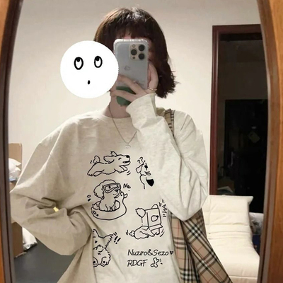 海外订单外贸撤回尾货~纯棉韩版休闲潮流小狗印花宽松男女长袖T恤