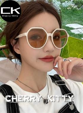 Cherry Kitty新款茶色墨镜圆脸女潮流复古小框白色太阳镜显小脸款