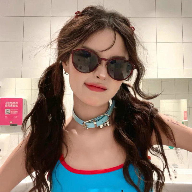 安哥拉红韩系素颜墨镜女高级感复古个性椭圆框太阳眼镜大脸显瘦