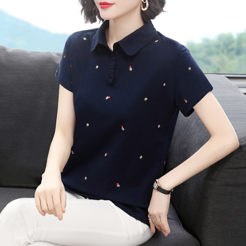 纯棉短袖t恤女 宽松2025夏装新款翻领半袖上衣中年妈妈polo体恤衫