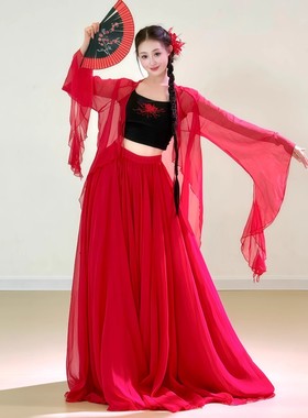 2025新款古风仙气红色古典舞蹈服大摆裙练功服飘逸纱衣演出服套装