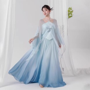 中国舞练功表演服套装 飘逸渐变蓝色纱衣裙裤 古典舞蹈服新中式 新款