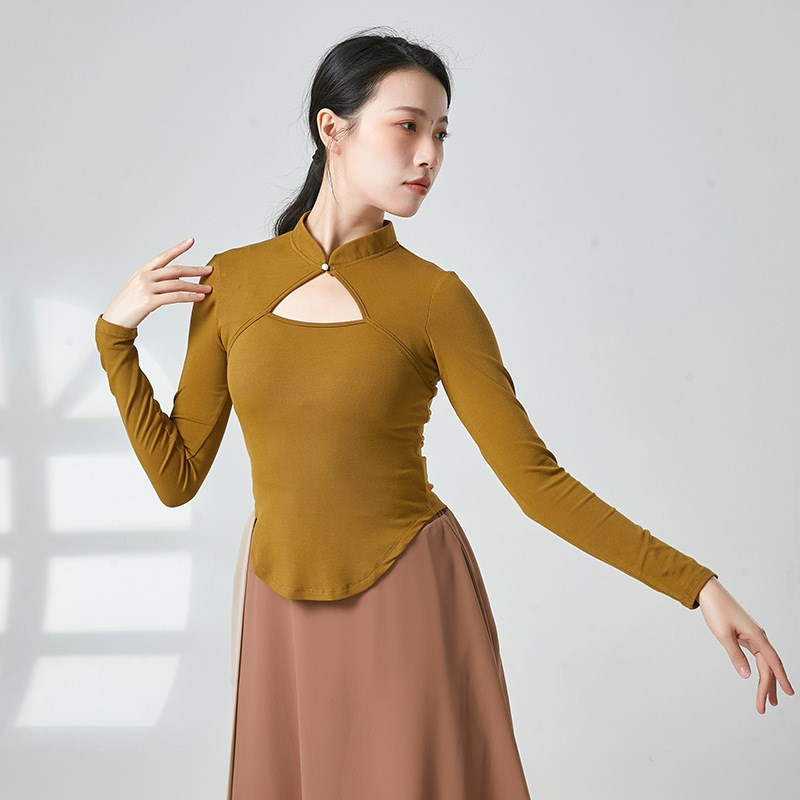 速发功典舞蹈服装时尚镂空旗袍领练袖长古服形体服上衣