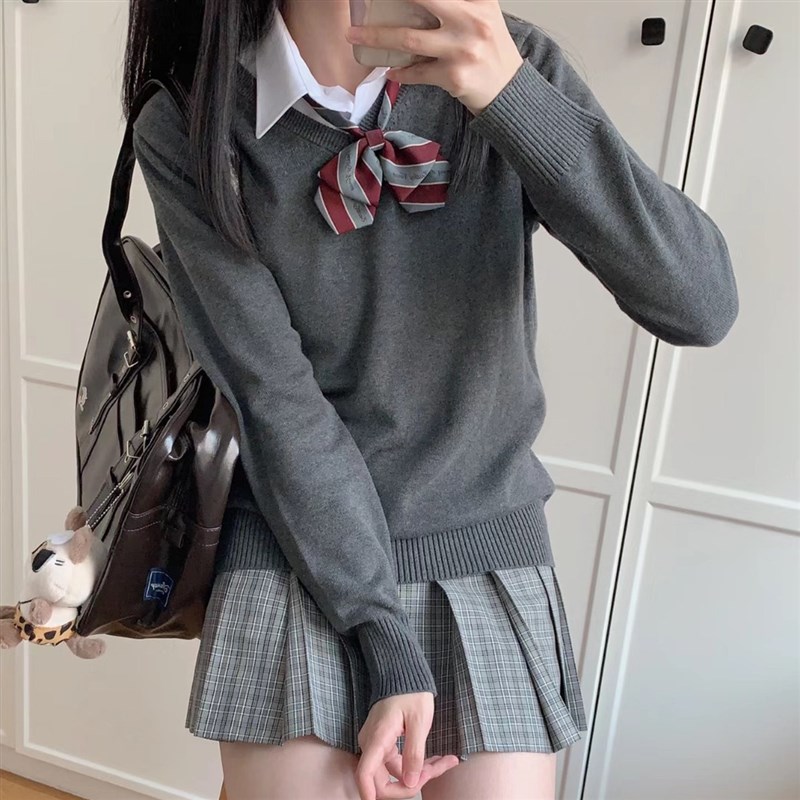 速发JK制服学院风套头袖衣早纯秋色V领针织衫内搭长毛上衣外套