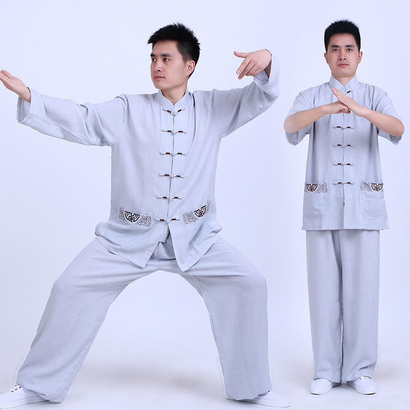 速发春夏术纱麻太极服男武竹裤晨练亚拳中老年刺绣太极麻表演运动