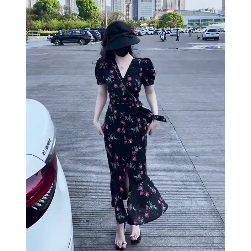 速发赫本风茶色碎花连衣裙黑歇法式气质绝美神范高级感超好看长裙