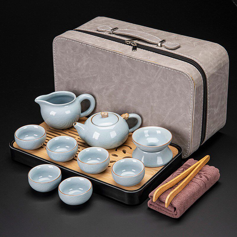 速发黄汝窑旅行茶具套装户外便携式喝茶旅游陶瓷泡茶器送客户伴手