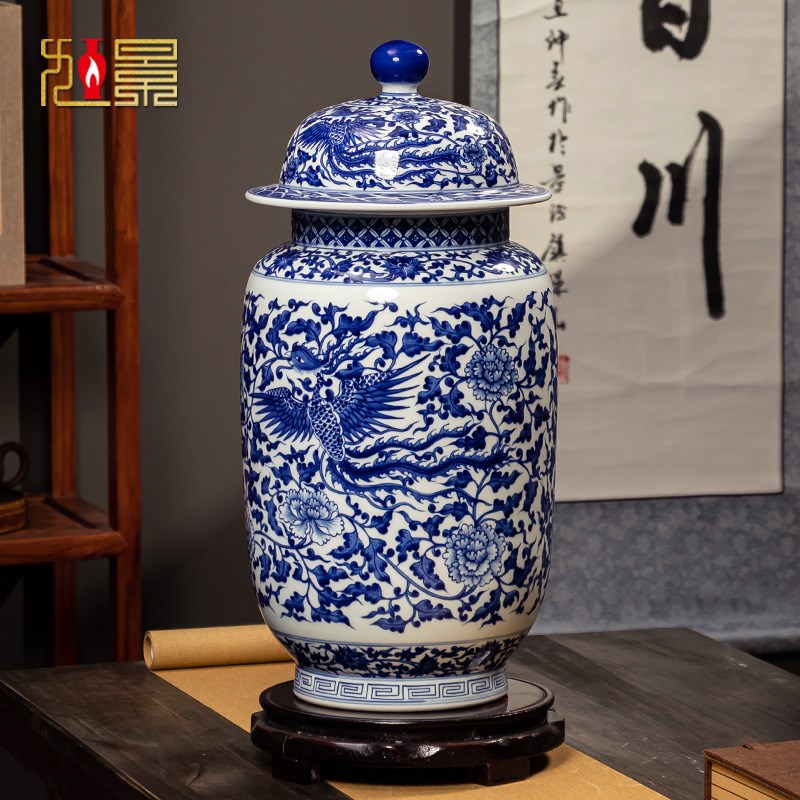 速发景德镇陶瓷手绘青花大花瓶仿古将军罐装式家居中饰储物罐摆件