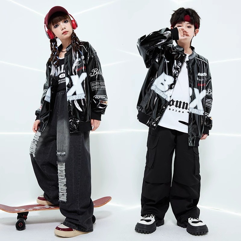 速发街舞少儿潮服p哈机车服皮衣男孩服装hi嘻hop童套炸街演出服走