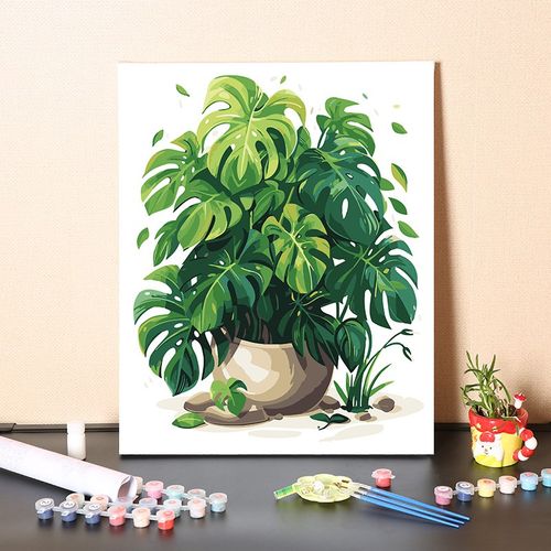 速发数字油画手工填树茂盛绿色盆摘充叶植物手绘丙烯油彩填色画画