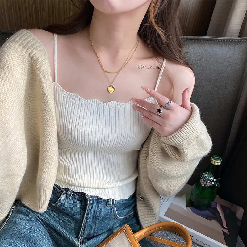 速发杏色吊带背心内背夏外白针织穿色美搭防走光一字肩打底上衣