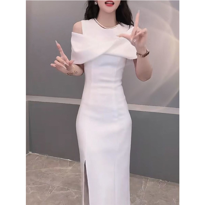 速发高冷御姐范质气夏神风性感露肩包臀开叉白色连衣裙高级感