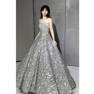 速发晚礼服高级感主持学生日亮人礼艺考敬闪闪银色成酒服新娘公主