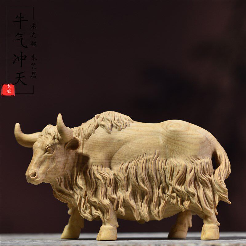 速发小叶黄杨木雕手把生肖牛摆件牛气冲天实木家居装饰民族工艺品