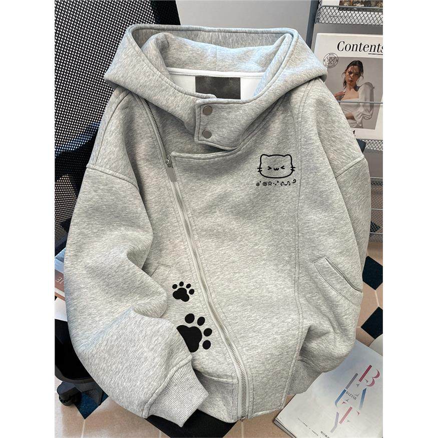 美式慵懒超好看趣味猫咪卫衣开衫女秋冬2025新款加绒重磅连帽外套