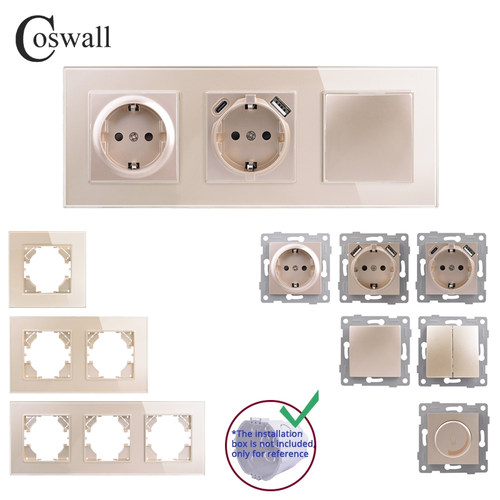 COSWALL  金色玻璃面板 欧规墙壁开关插座USB充电口模块DIY组合