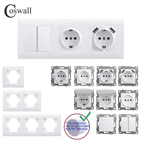 COSWALL 白色塑料面板 欧规墙壁开关插座 USB充电口模块DIY