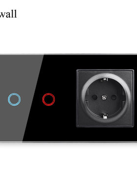 157*86黑色触摸开关插座二开组合钢化玻璃欧标LED感应轻触开关