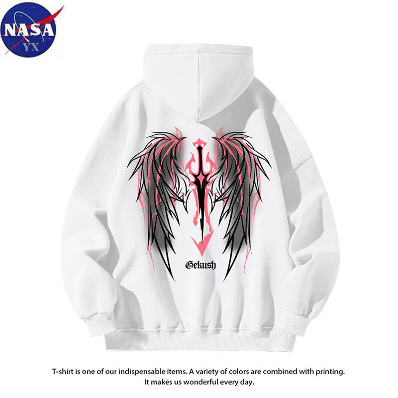 NASA美式复古恶魔翅膀加绒儿童男女卫衣ins宽松春秋连帽上衣男童