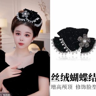 法式满钻花朵珠珠抓夹手工编织日常发饰复古丝绒蝴蝶结鲨鱼夹头饰