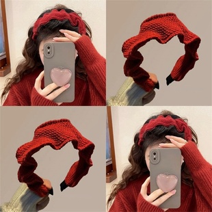 高颅顶褶皱毛线宽版 发箍头箍女复古红色针织发卡头饰显脸小发饰冬