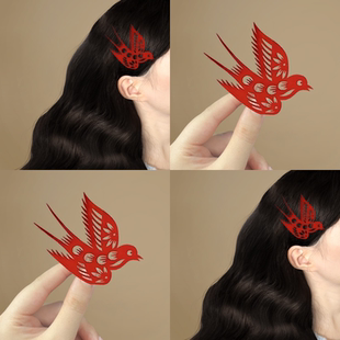 红色喜鹊剪纸发夹中国风头饰非遗喜鹊花朵高级毛毡布发卡旗袍发饰