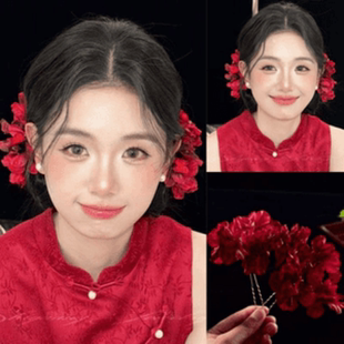 2025新款红色仿真玫瑰花朵发簪新娘头饰结婚礼服晨袍汉服头花发钗