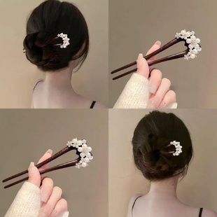 国风黑檀木珍珠u型双钗发簪女新中式汉服旗袍发钗高级感簪子头饰