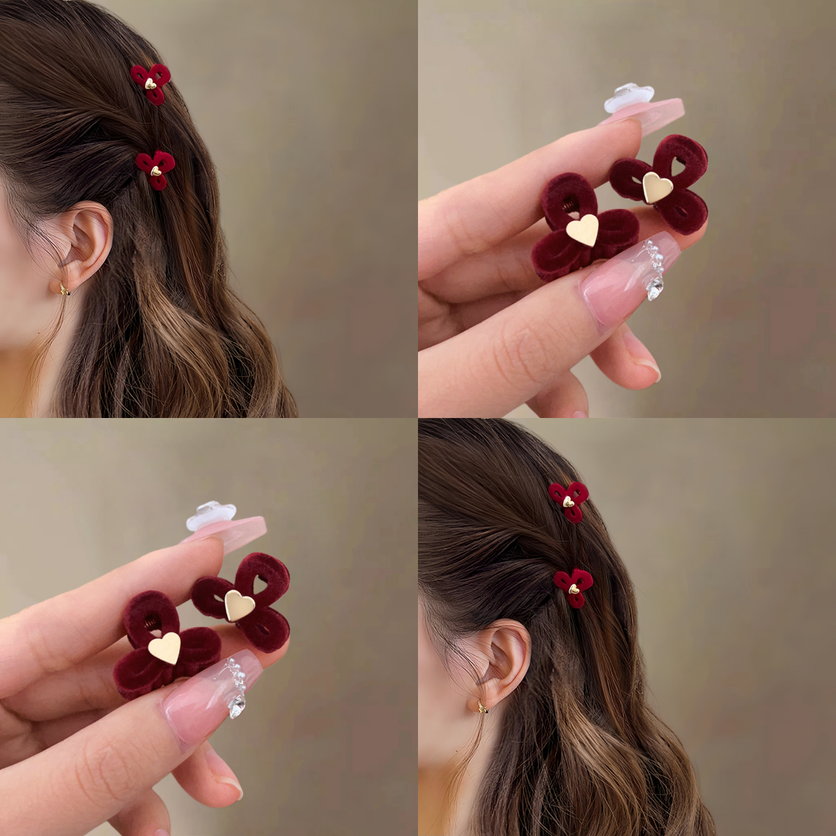 秋冬植绒红色迷你发夹