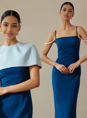 英国皇室范斗篷藏蓝色修身抹胸连衣裙