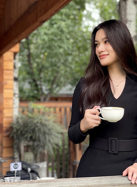 BRAND BYMEI经典延续款大牌气质优雅半高v领弹力修身通勤连衣裙