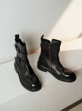 Weslien Rowe重工机车靴英伦风圆头复古侧拉链厚底时装靴水洗短靴