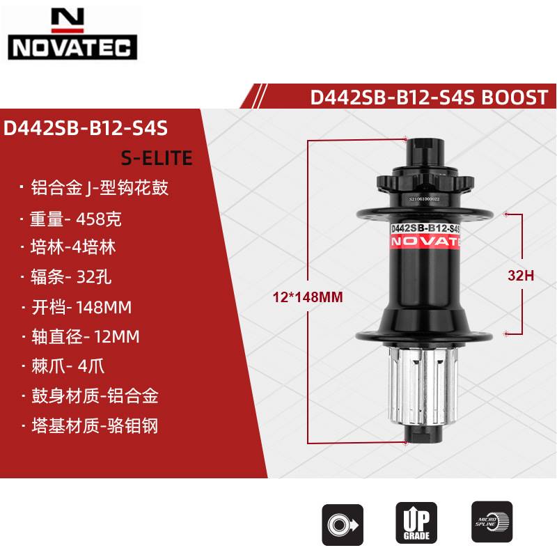 新品NOVATEC久裕桶轴山地车花鼓四培林碟刹6钉32孔BOOST规格142/1