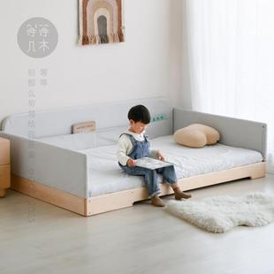 浮空护栏床 等等几木 实木儿童床拼接带护栏地板床三边围板床边床