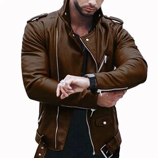 Men's lapel slim fitting leather jacket 男翻领修身皮夹克外套