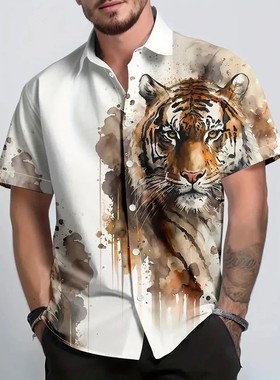男士老虎印花短袖衬衫