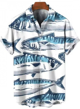 3d数码印花鱼类休闲夏季短袖衬衫