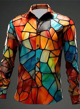 Men's Color Block Art Abstract Shirt男士色块彩色艺术抽象衬衫