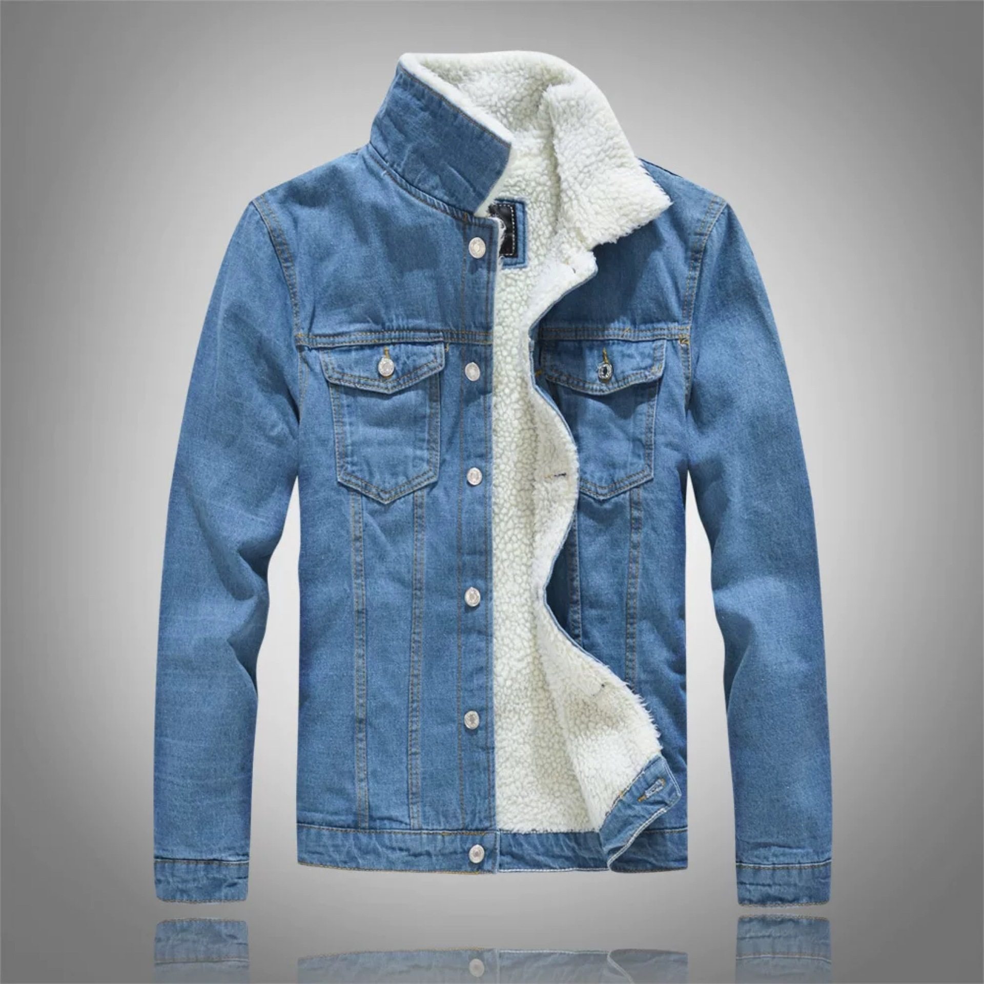 Lamb wool denim jacket秋冬季男士加绒加厚保暖棉衣浅色牛仔外套